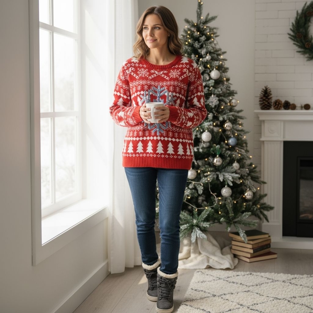 Joyland‎ Merry Christmas Holiday Sweater Red White Silver Snowflake Soft Cozy L